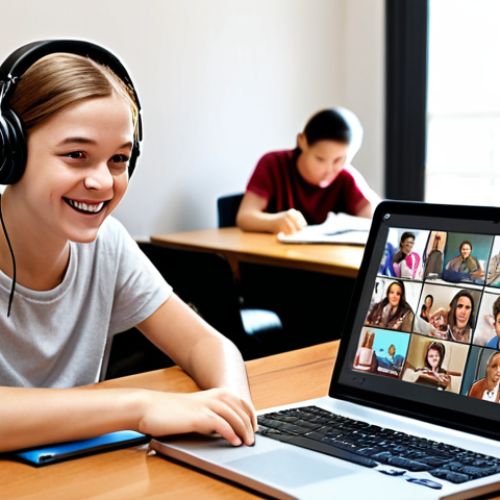 Home 11 A student happily attending an online class from home, with a laptop, headphones, and a tidy study space, while family members are busy in the background (depicting distractions and the need for a dedicated learning environment).
