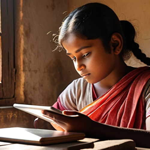 Home 6 Rural Digital Learning**
* **Prompt:** A young Bengali girl in a simple village home, using a smartphone or tablet to participate in an online class. Sunlight streams through a window. Books are nearby. Emphasize her focus and determination, and the contrast between the traditional setting and the modern technology. Aim for a hopeful, empowering image.
**