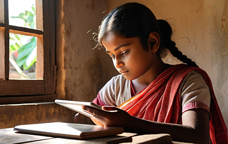 Rural Digital Learning**
* **Prompt:** A young Bengali girl in a simple village home, using a smartphone or tablet to participate in an online class. Sunlight streams through a window. Books are nearby. Emphasize her focus and determination, and the contrast between the traditional setting and the modern technology. Aim for a hopeful, empowering image.
**