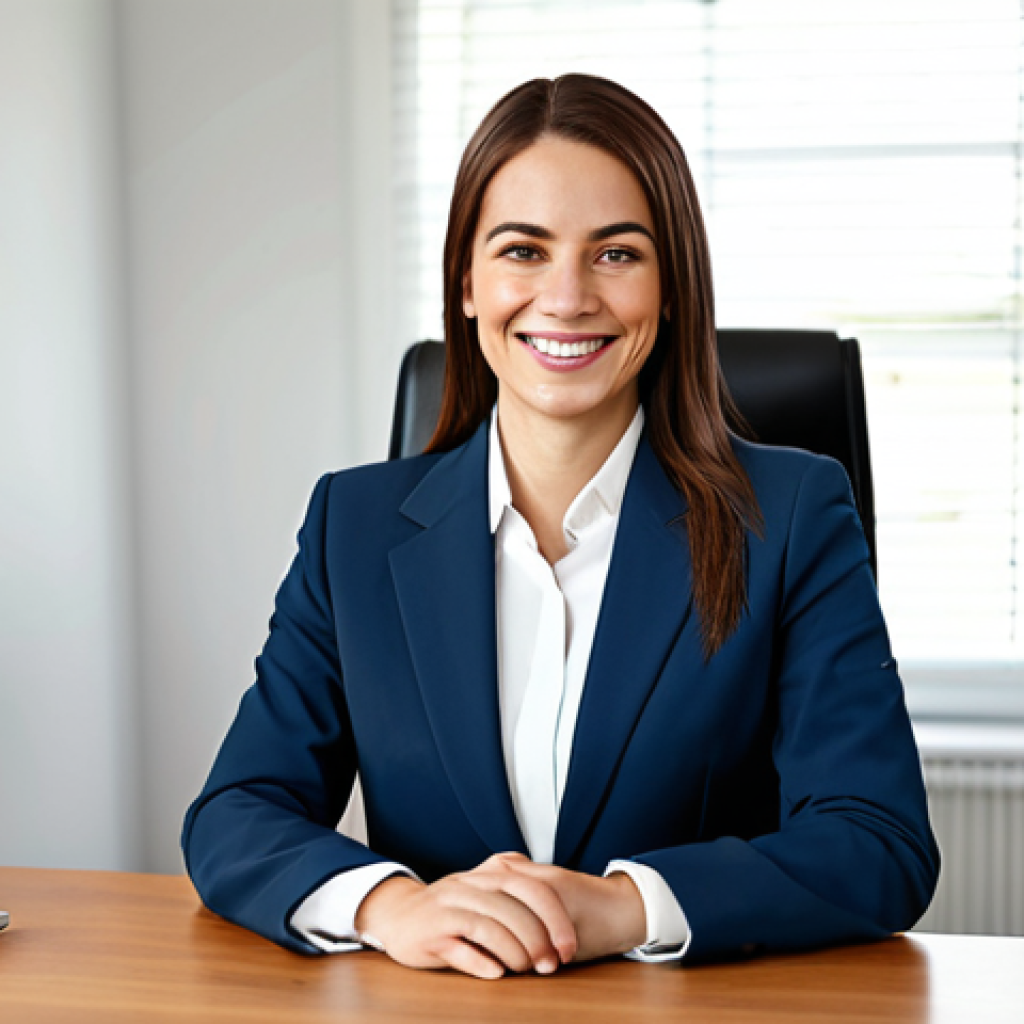 "A professional businesswoman, fully clothed in a modest business suit, sitting comfortably at a modern desk in a well-lit home office. She is smiling slightly and looking directly at the viewer, safe for work, appropriate content, perfect anatomy, natural pose, professional, high quality."