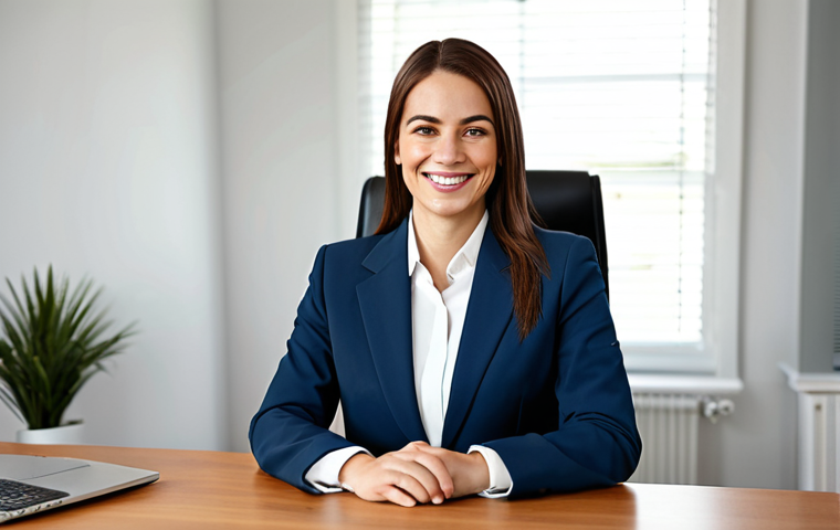 "A professional businesswoman, fully clothed in a modest business suit, sitting comfortably at a modern desk in a well-lit home office. She is smiling slightly and looking directly at the viewer, safe for work, appropriate content, perfect anatomy, natural pose, professional, high quality."