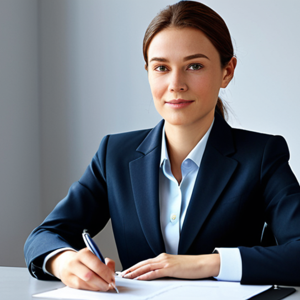 디지털 학습과 AI - A professional businesswoman in a modest business suit, sitting at a desk in a modern office, fully ...