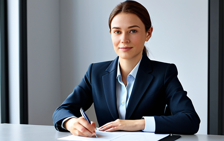 디지털 학습과 AI - A professional businesswoman in a modest business suit, sitting at a desk in a modern office, fully ...