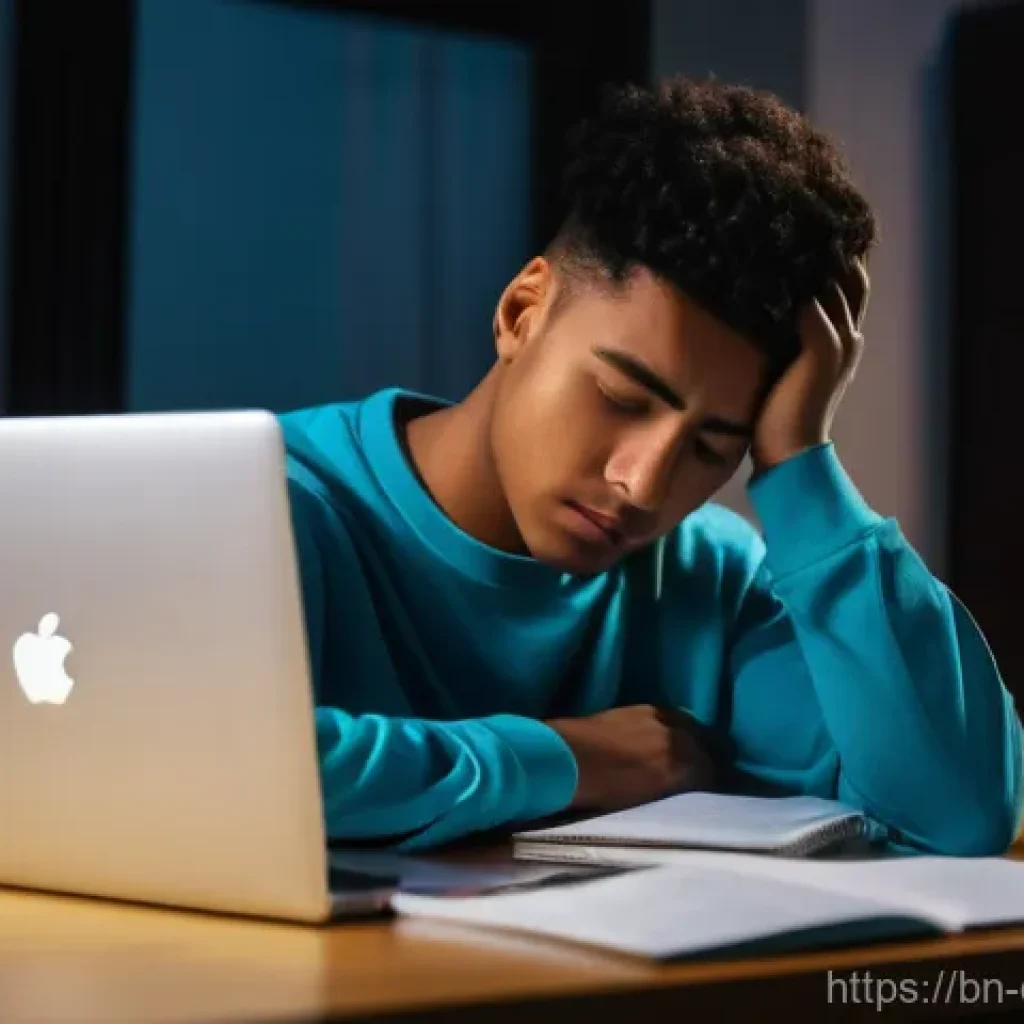 디지털 학습의 도전과제 - **Prompt:** A young university student, looking visibly tired and overwhelmed, sits at a desk in a d...