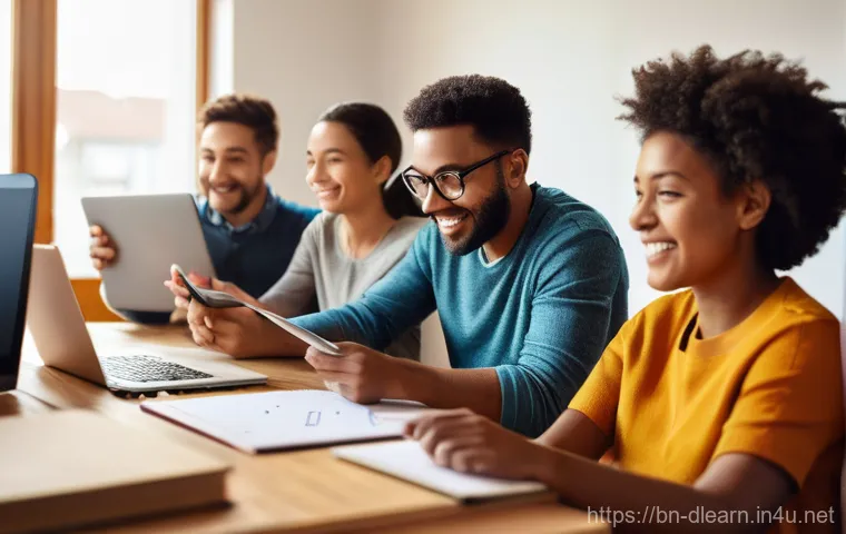 디지털 교육을 위한 도구 - **Prompt 1: Diverse Online Learning at Home**
    A vibrant, diverse group of individuals (men and w...