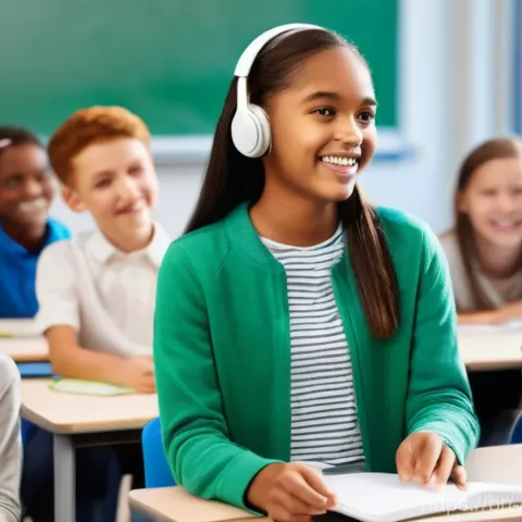 디지털 교육의 성공적인 적용 - **Prompt:** A diverse group of cheerful middle school students, dressed in comfortable casual wear, ...