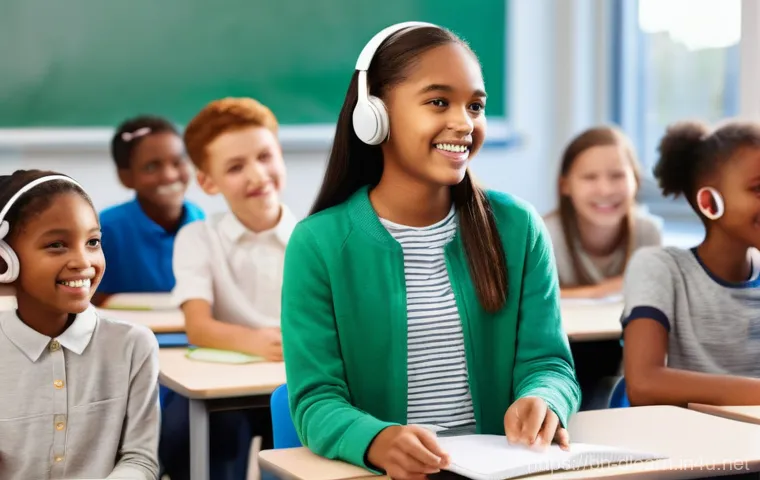 디지털 교육의 성공적인 적용 - **Prompt:** A diverse group of cheerful middle school students, dressed in comfortable casual wear, ...