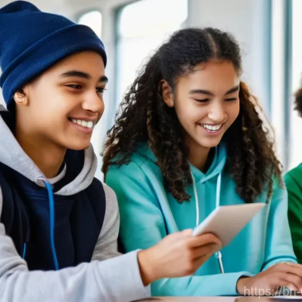 디지털 학습의 개인 맞춤형 전략 - **Prompt:** A diverse group of three teenage students (ages 16-18, mixed genders) in a bright, moder...