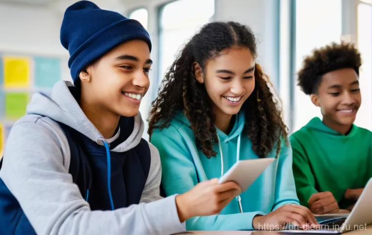 디지털 학습의 개인 맞춤형 전략 - **Prompt:** A diverse group of three teenage students (ages 16-18, mixed genders) in a bright, moder...