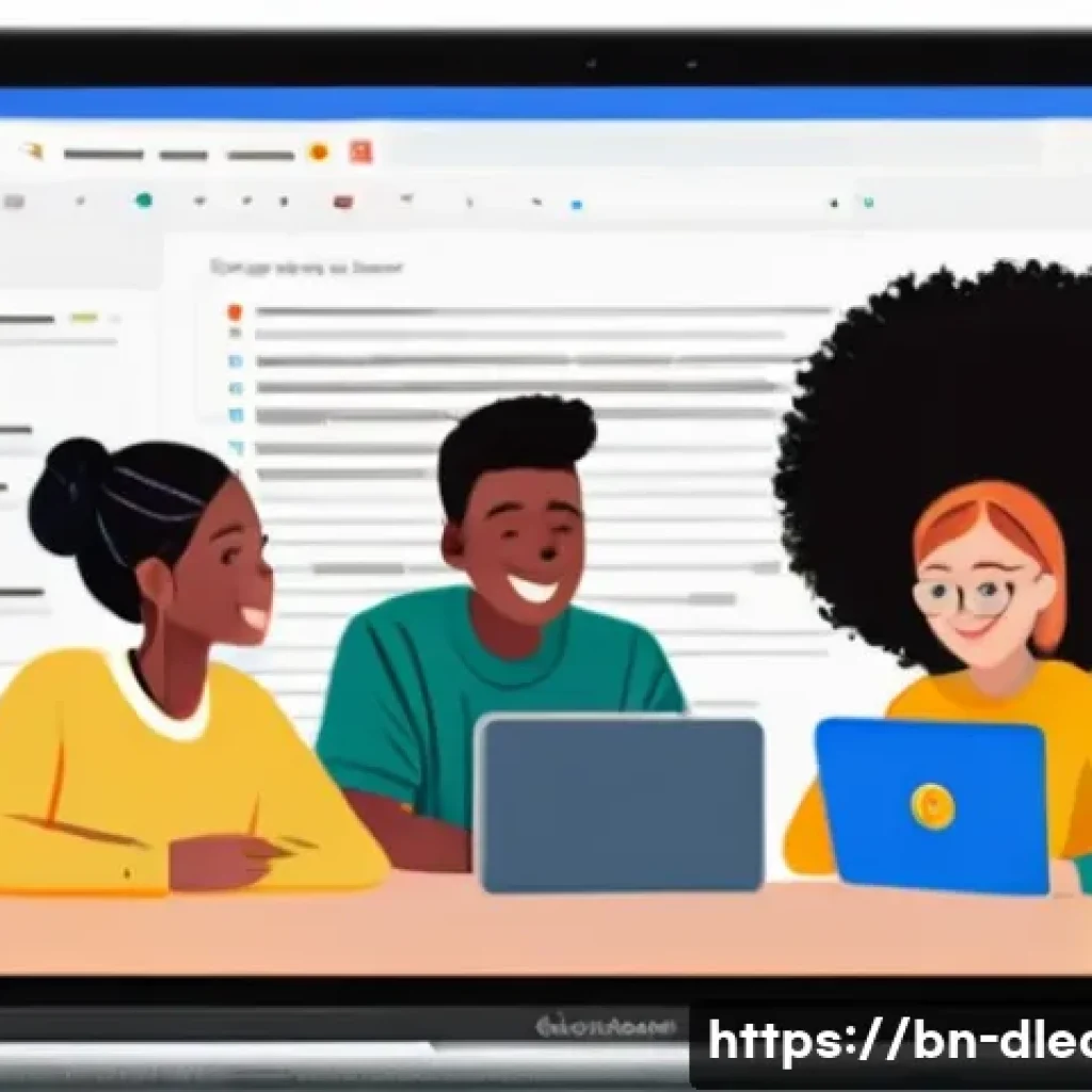 디지털 학습을 위한 협력 도구 - **Prompt:** A vibrant, dynamic illustration depicting a diverse group of four teenage students (appr...