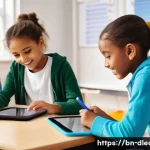 디지털 교실 - **Prompt 1: A vibrant and modern digital classroom bustling with diverse, elementary school-aged chi...