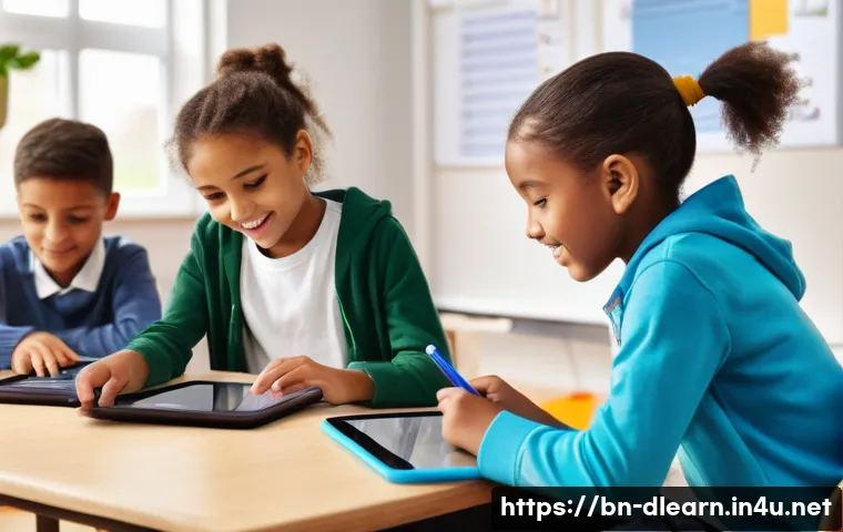 디지털 교실 - **Prompt 1: A vibrant and modern digital classroom bustling with diverse, elementary school-aged chi...