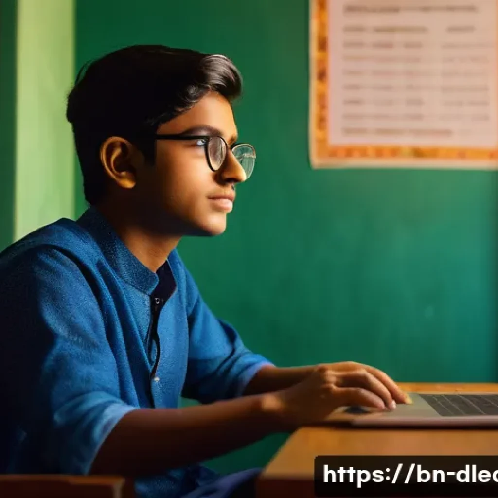 디지털 학습 리소스 - A young Bengali student sitting comfortably at home, attentively watching an online video lecture on...