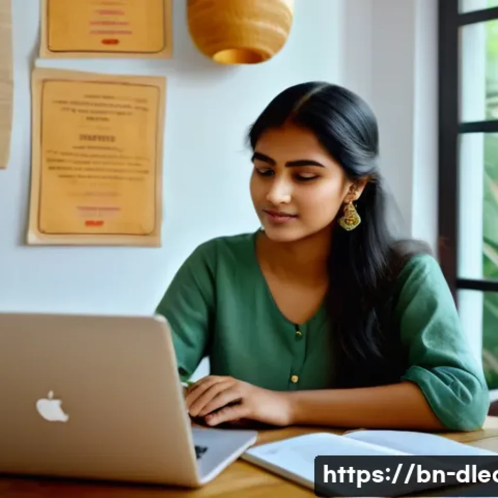 디지털 학습과 직업 훈련 - A young Bengali woman sitting comfortably at home in casual modern attire, focused on her laptop scr...