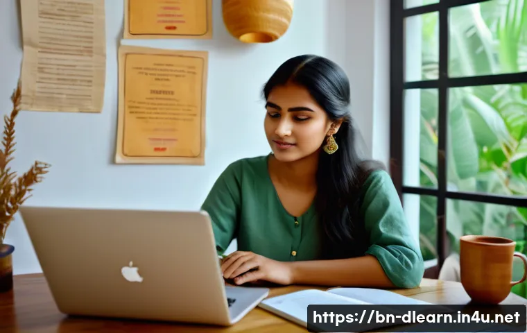 디지털 학습과 직업 훈련 - A young Bengali woman sitting comfortably at home in casual modern attire, focused on her laptop scr...