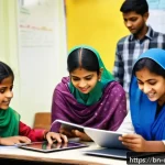 Home 21 디지털 교과서 - A vibrant classroom scene featuring Bangladeshi students of diverse ages engaging with interactive d...