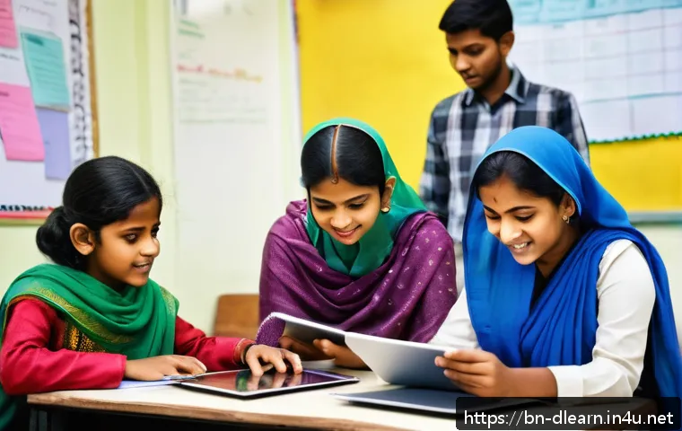 디지털 교과서 - A vibrant classroom scene featuring Bangladeshi students of diverse ages engaging with interactive d...