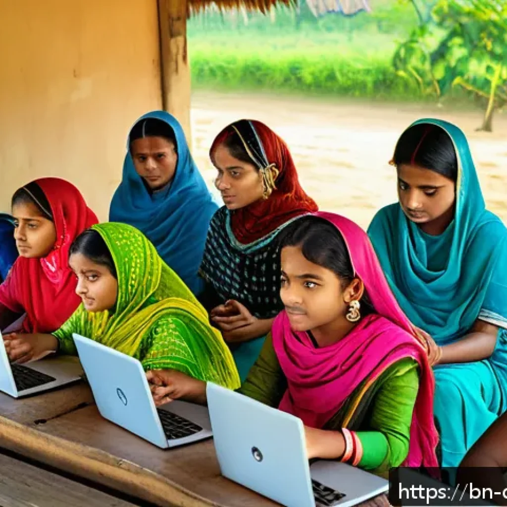 디지털 학습의 경제적 영향 - A vibrant classroom scene in a rural Bangladeshi village showing diverse students attentively partic...