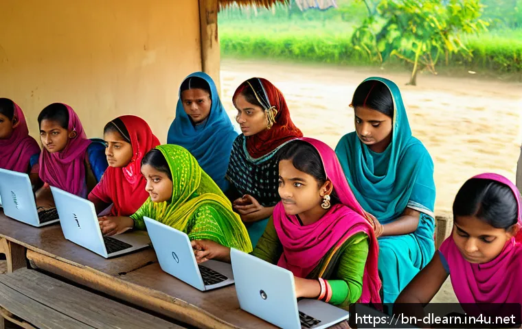 디지털 학습의 경제적 영향 - A vibrant classroom scene in a rural Bangladeshi village showing diverse students attentively partic...
