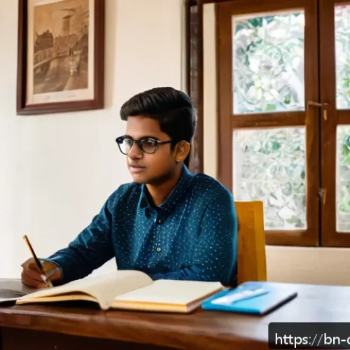 Home 31 디지털 학습 방법 - A cozy and well-lit study corner designed for a Bengali online learner, featuring a wooden desk with...
