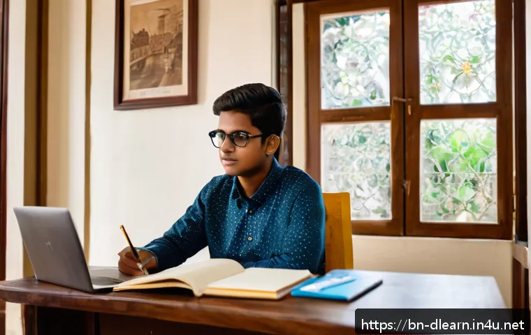 디지털 학습 방법 - A cozy and well-lit study corner designed for a Bengali online learner, featuring a wooden desk with...