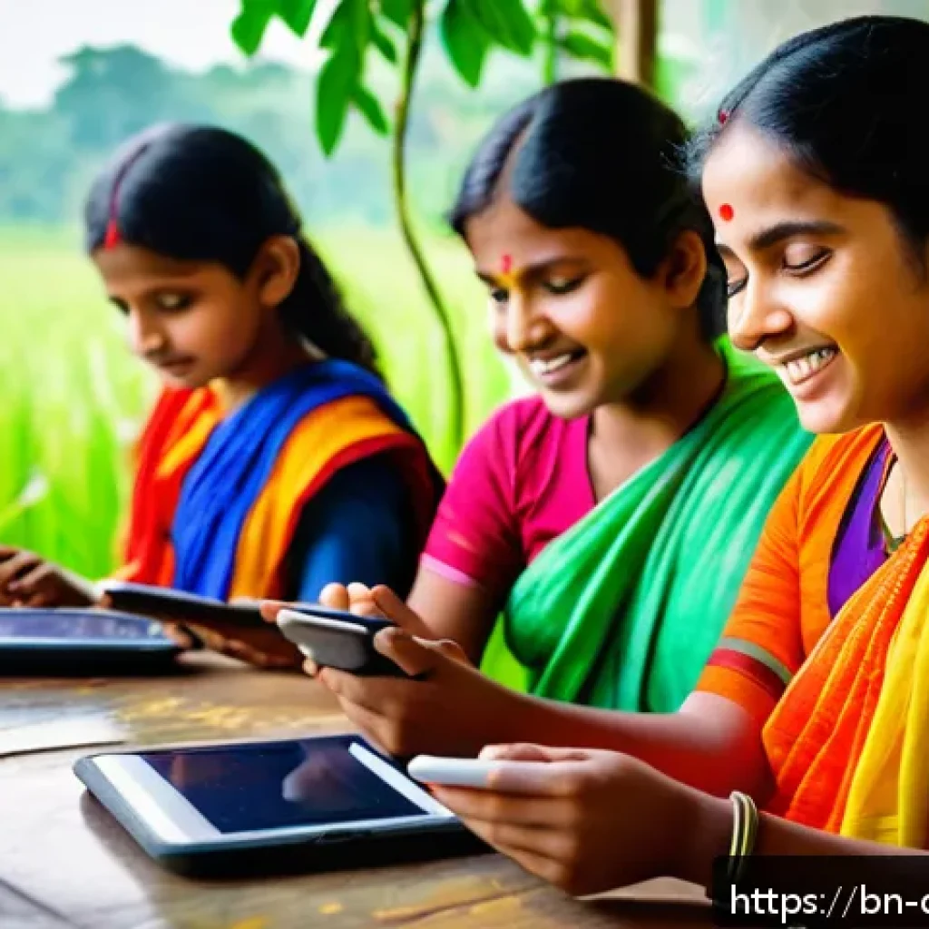 디지털 학습의 기술 혁신 - A vibrant classroom scene in rural Bengal featuring students of diverse ages using smartphones and t...