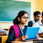 Home 23 디지털 학습의 혁신 - A modern Bengali classroom scene featuring a diverse group of teenage students using tablets and lap...