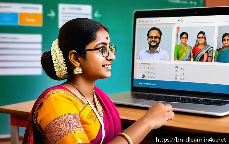디지털 학습에서의 교사의 역할 - A modern online classroom scene featuring a Bengali teacher conducting an interactive lesson using d...