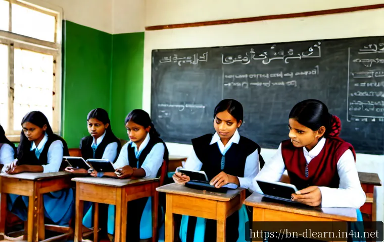 디지털 교수법 - Photorealistic modern classroom in Bangladesh, a Bengali female teacher in modest professional attir...