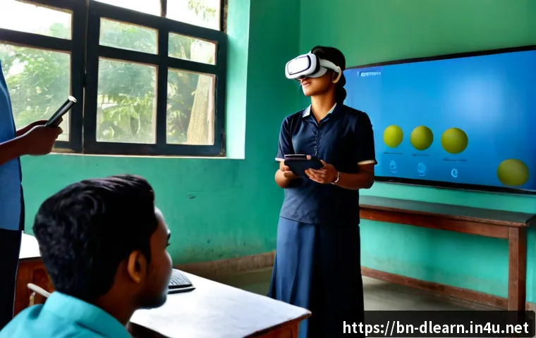 디지털 학습의 최신 기술 동향 - Photorealistic modern classroom in Bangladesh, diverse Bengali university students using tablets and...
