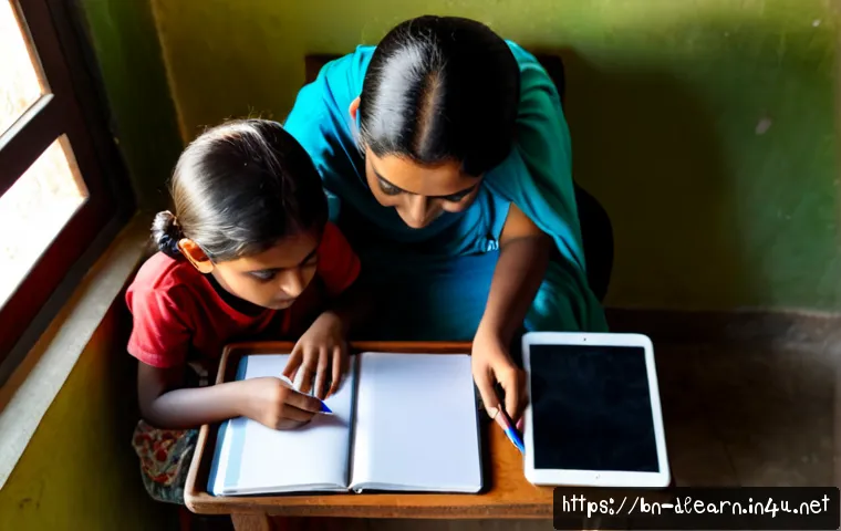 디지털 교육의 비용 효율성 - Photorealistic overhead view of a Bangladeshi family sharing one affordable tablet for an online les...